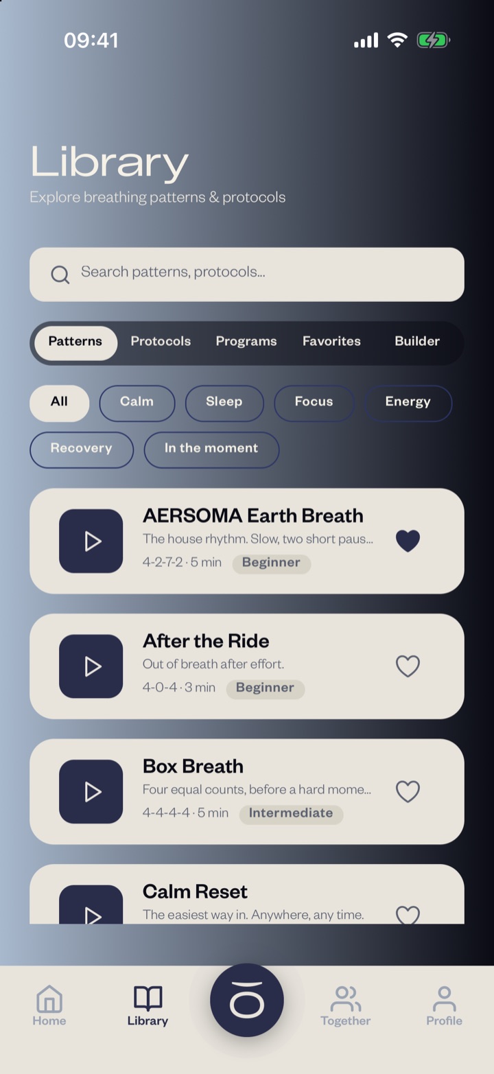 The library on the Patterns tab: Earth Breath, After the Ride and Box Breath, each with its rhythm, length and difficulty.