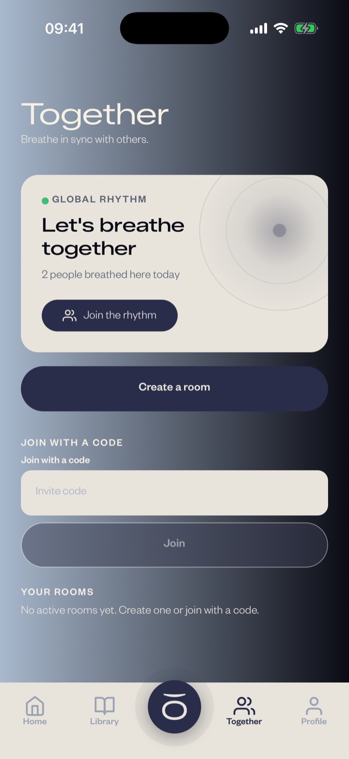 The Together screen: the global rhythm, a button to create a room, and a field to join with an invite code.